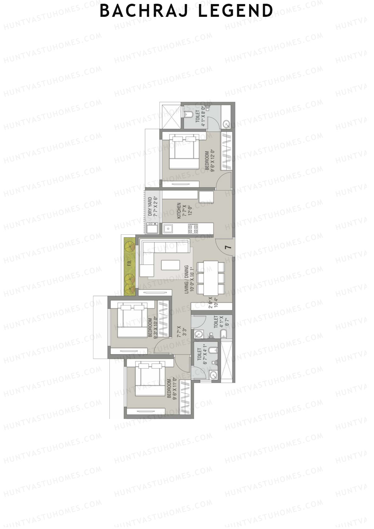 Bachraj Legend, Wing D, Unit 7 (Type 4), 3BHK, Carpet Area 788   sq ft 