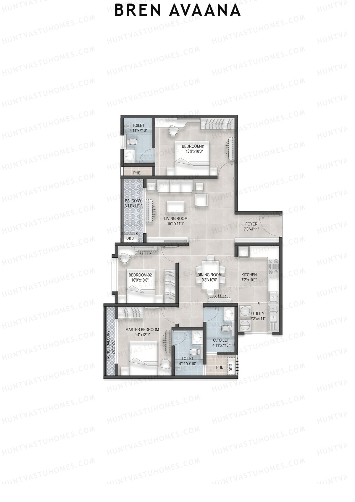 Bren Avaana Wing B Unit 3 (Type 3) Floor Plan