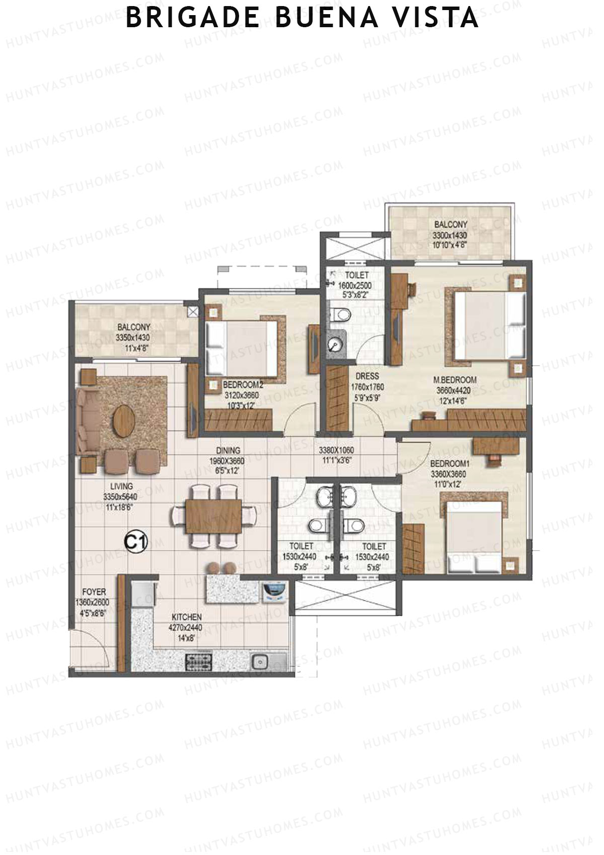 Brigade Buena Vista Tower A Unit 3 Floor Plan