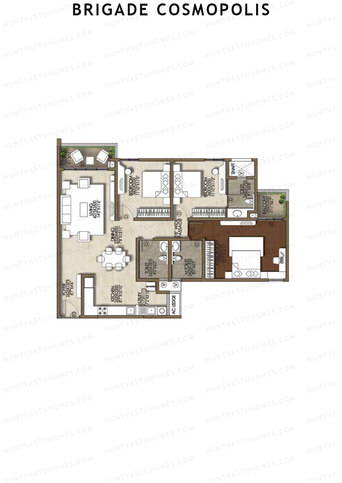 Brigade Cosmopolis, Block I, Unit 36, 3BHK, Super Area 1740   sq ft 
