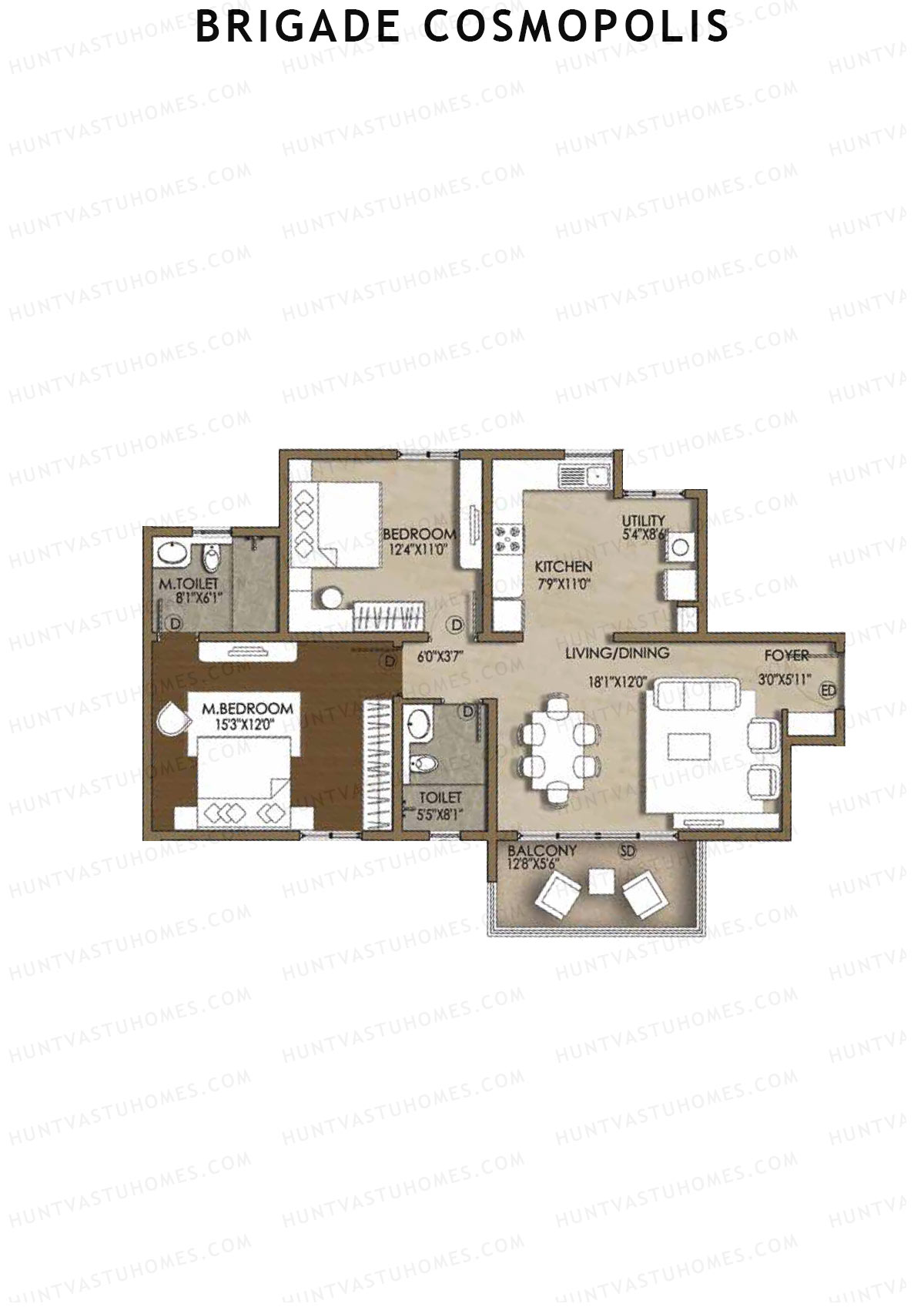 Brigade Cosmopolis, Block J, Unit 39 (Type 1), 2BHK, Super Area 1250   sq ft 