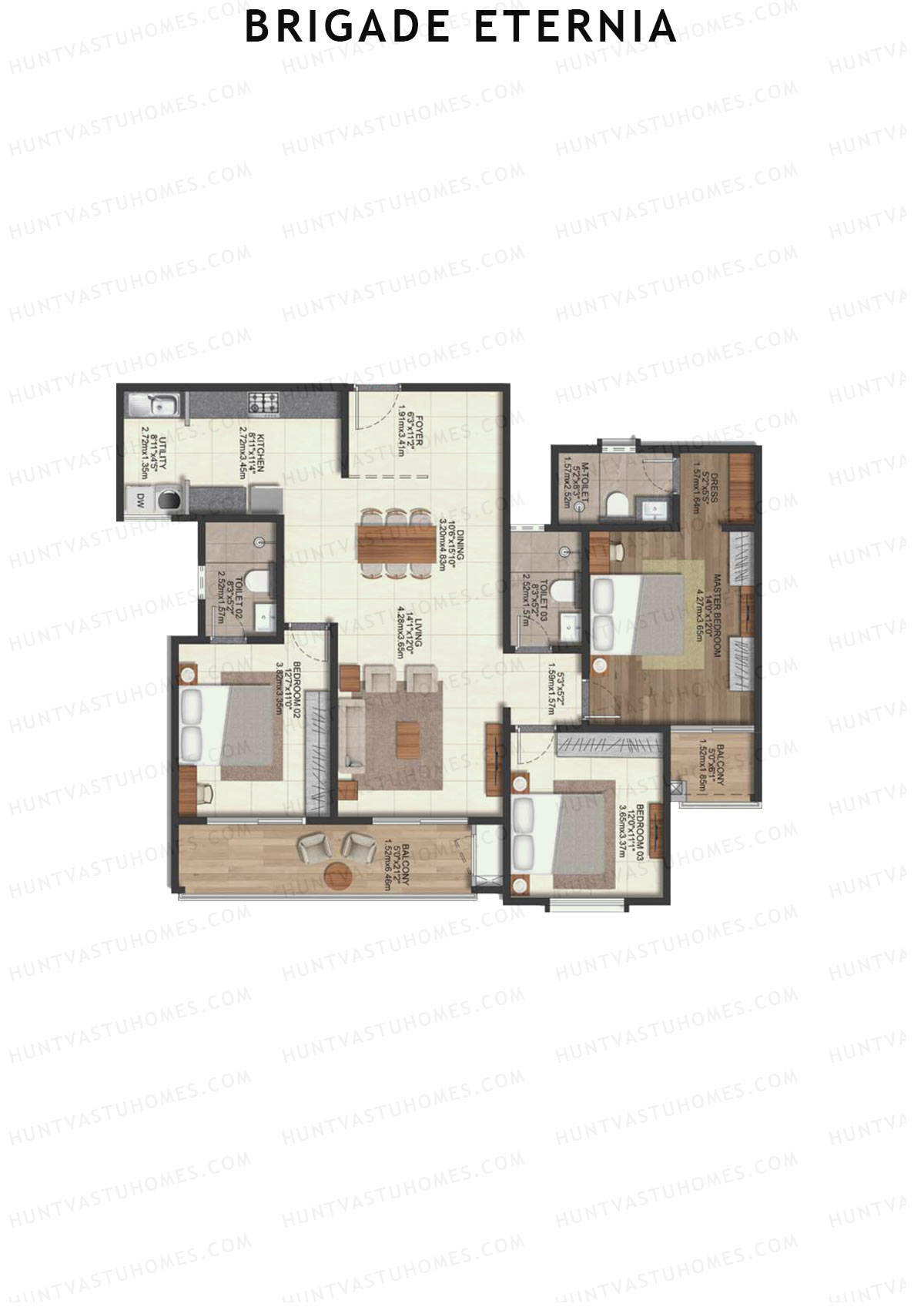 Brigade Eternia Tower A Unit 1 (Type 3U) Floor Plan