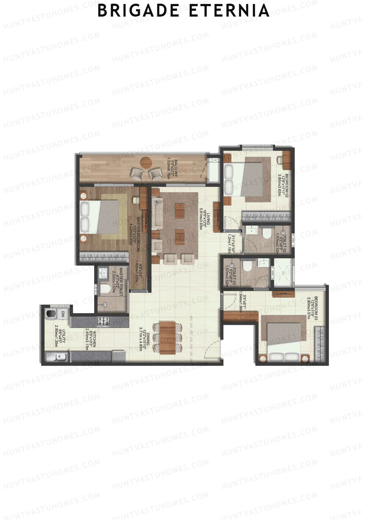 Brigade Eternia Tower E Unit 41 (Type 3Q) Floor Plan