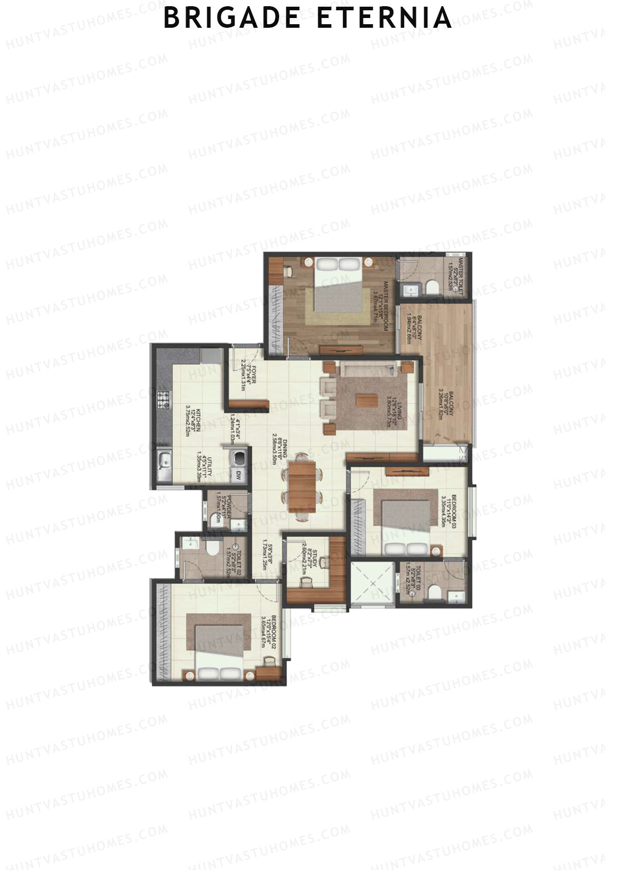 Brigade Eternia Tower I Unit 58 (Type 3W) Floor Plan