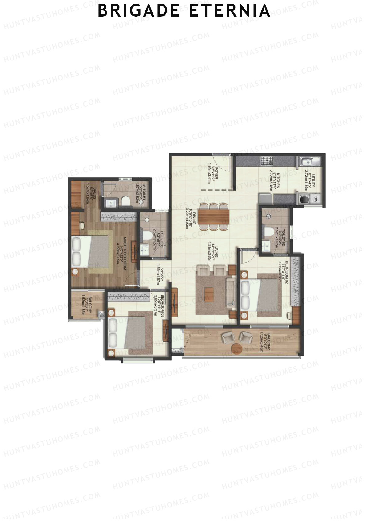 Brigade Eternia Tower K Unit 68 (Type 3T) Floor Plan