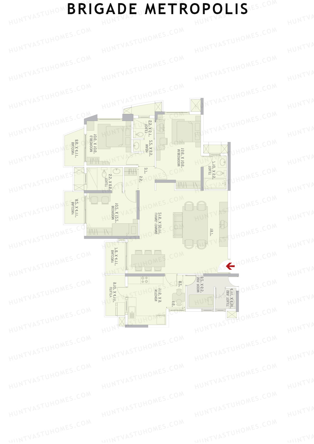 Brigade Metropolis, Tower H, Unit 1, 3BHK, Super Area 1960   sq ft 