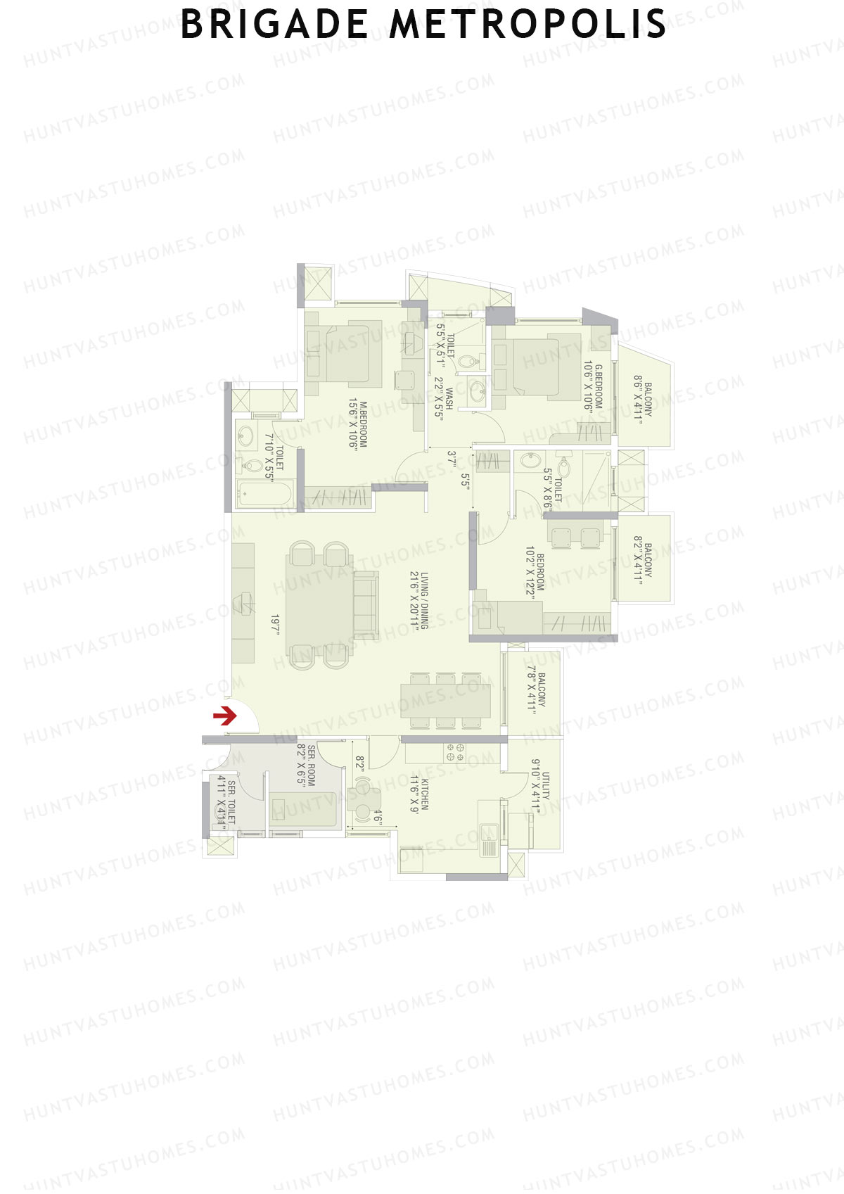 Brigade Metropolis, Tower H, Unit 2, 3BHK, Super Area 1960   sq ft 