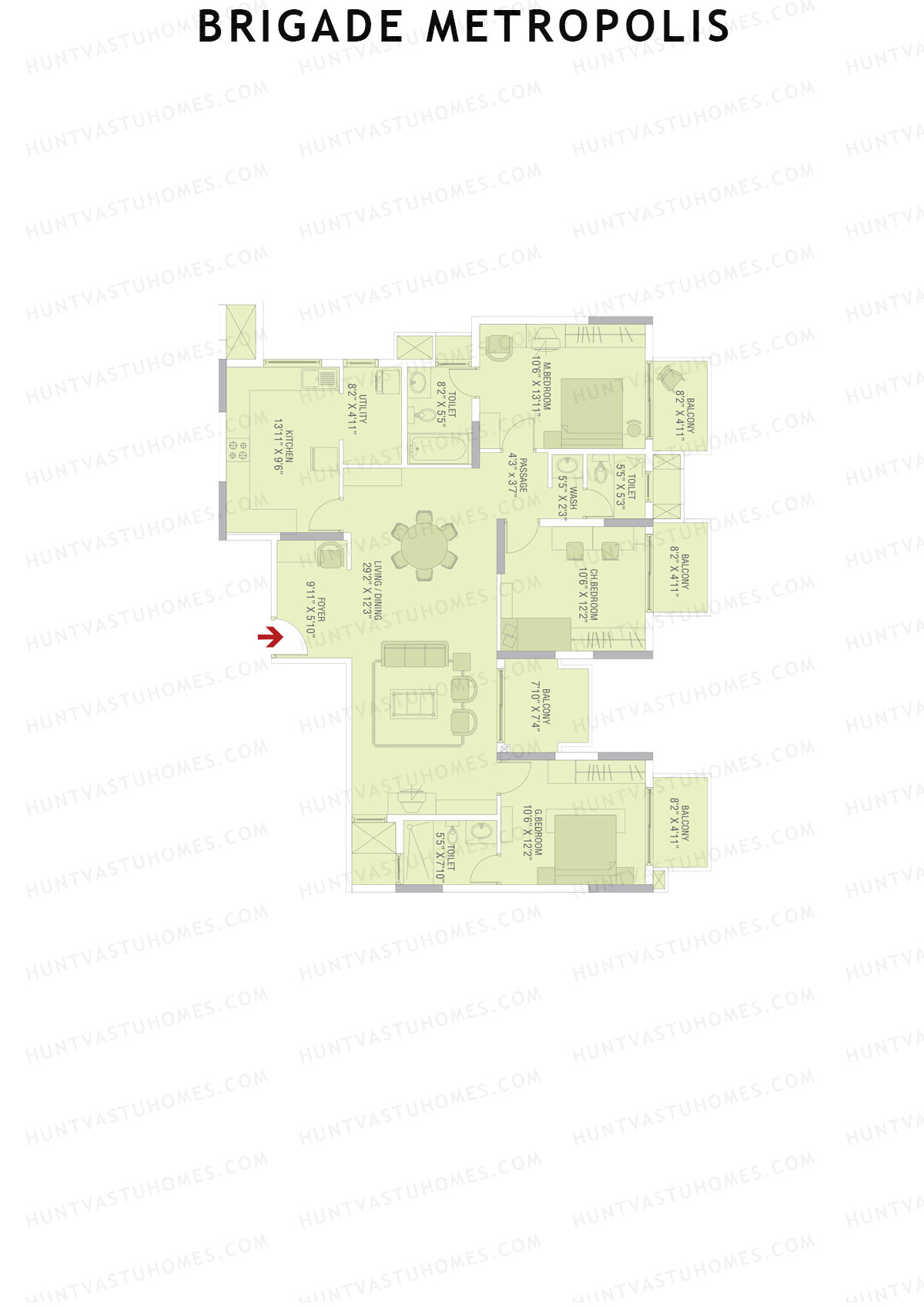 Brigade Metropolis, Tower H, Unit 3, 3BHK, Super Area 1800   sq ft 