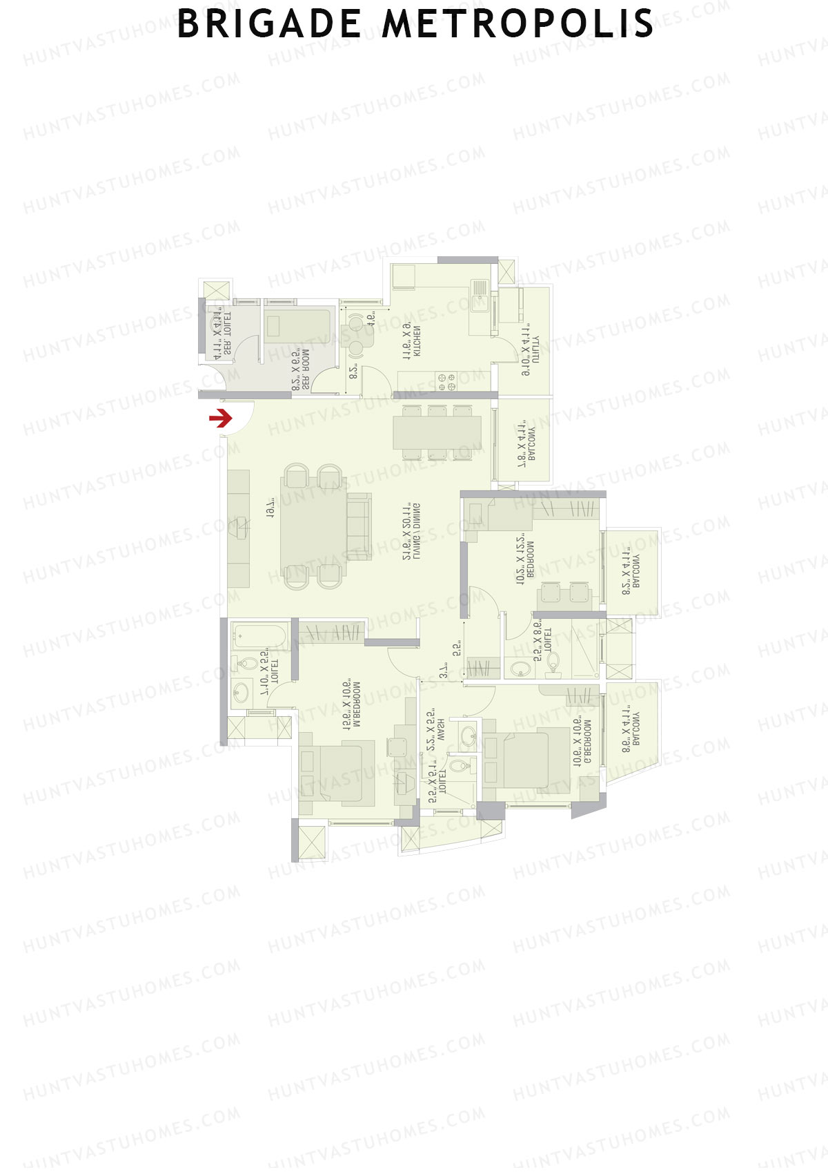 Brigade Metropolis, Tower H, Unit 4, 3BHK, Super Area 1960   sq ft 