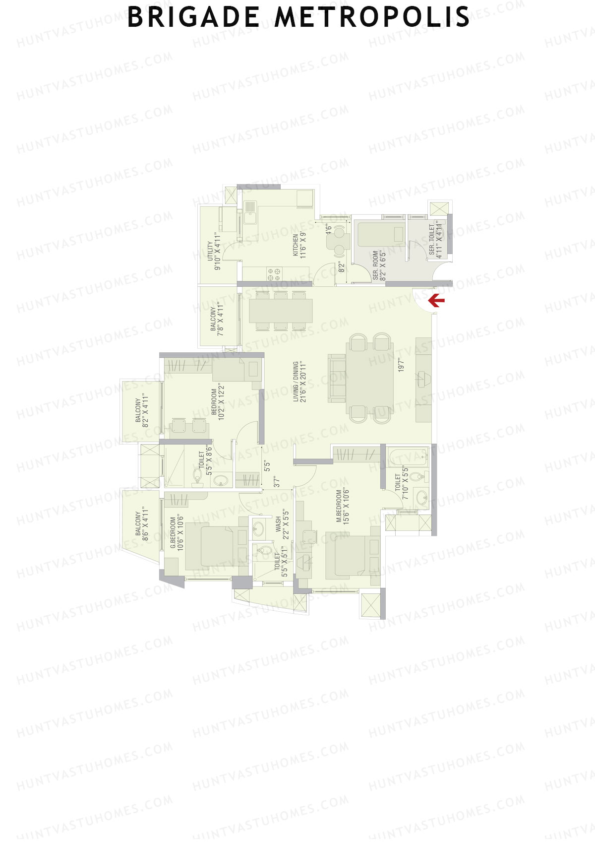 Brigade Metropolis, Tower H, Unit 5, 3BHK, Super Area 1960   sq ft 
