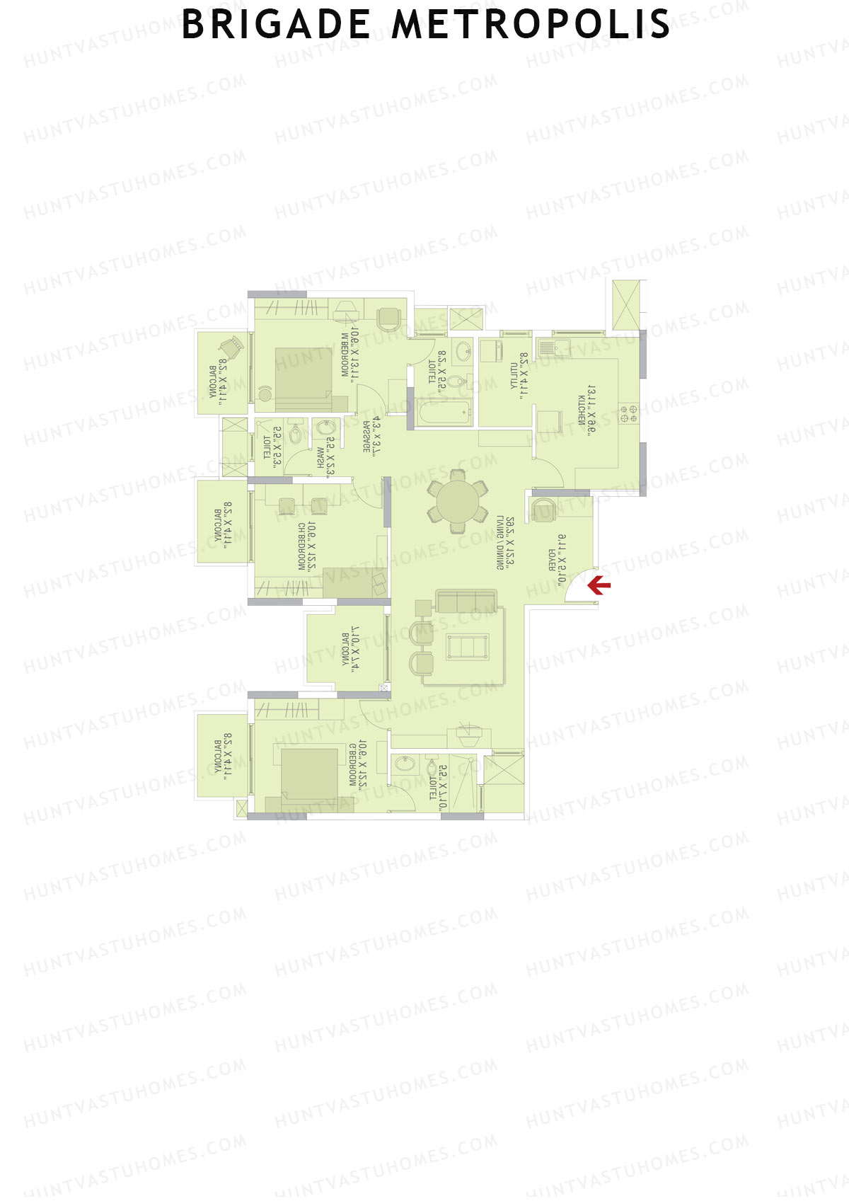 Brigade Metropolis, Tower H, Unit 6, 3BHK, Super Area 1800   sq ft 