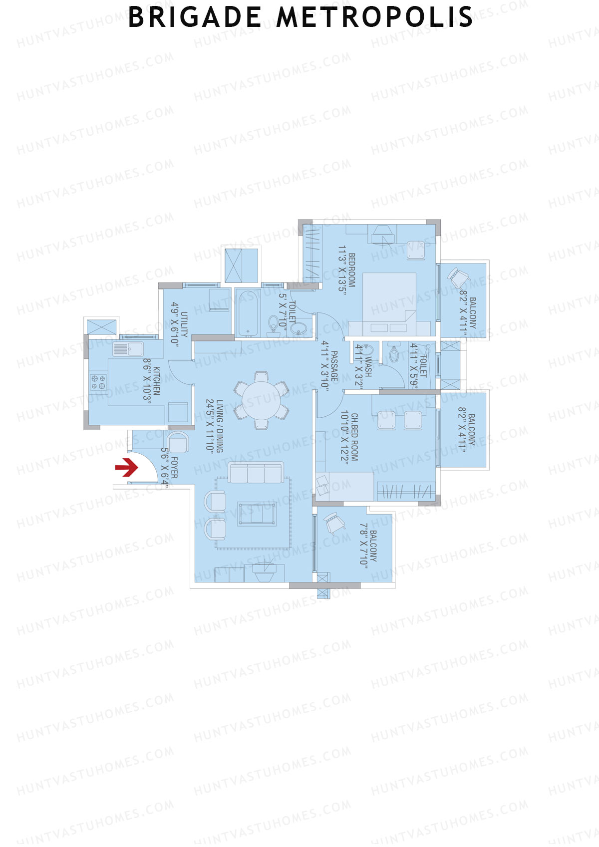 Brigade Metropolis, Tower I, Unit 4, 2BHK, Super Area 1290   sq ft 
