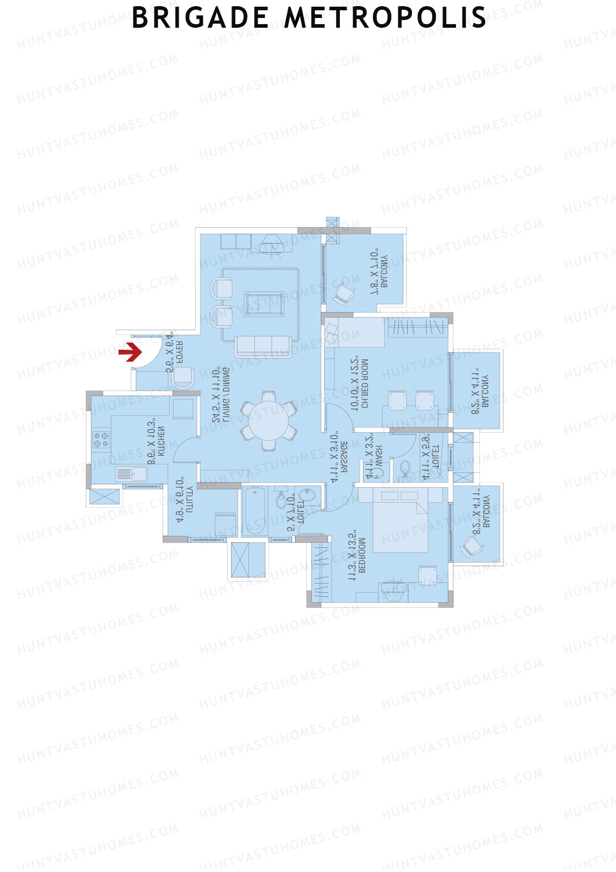 Brigade Metropolis, Tower I, Unit 5, 2BHK, Super Area 1290   sq ft 