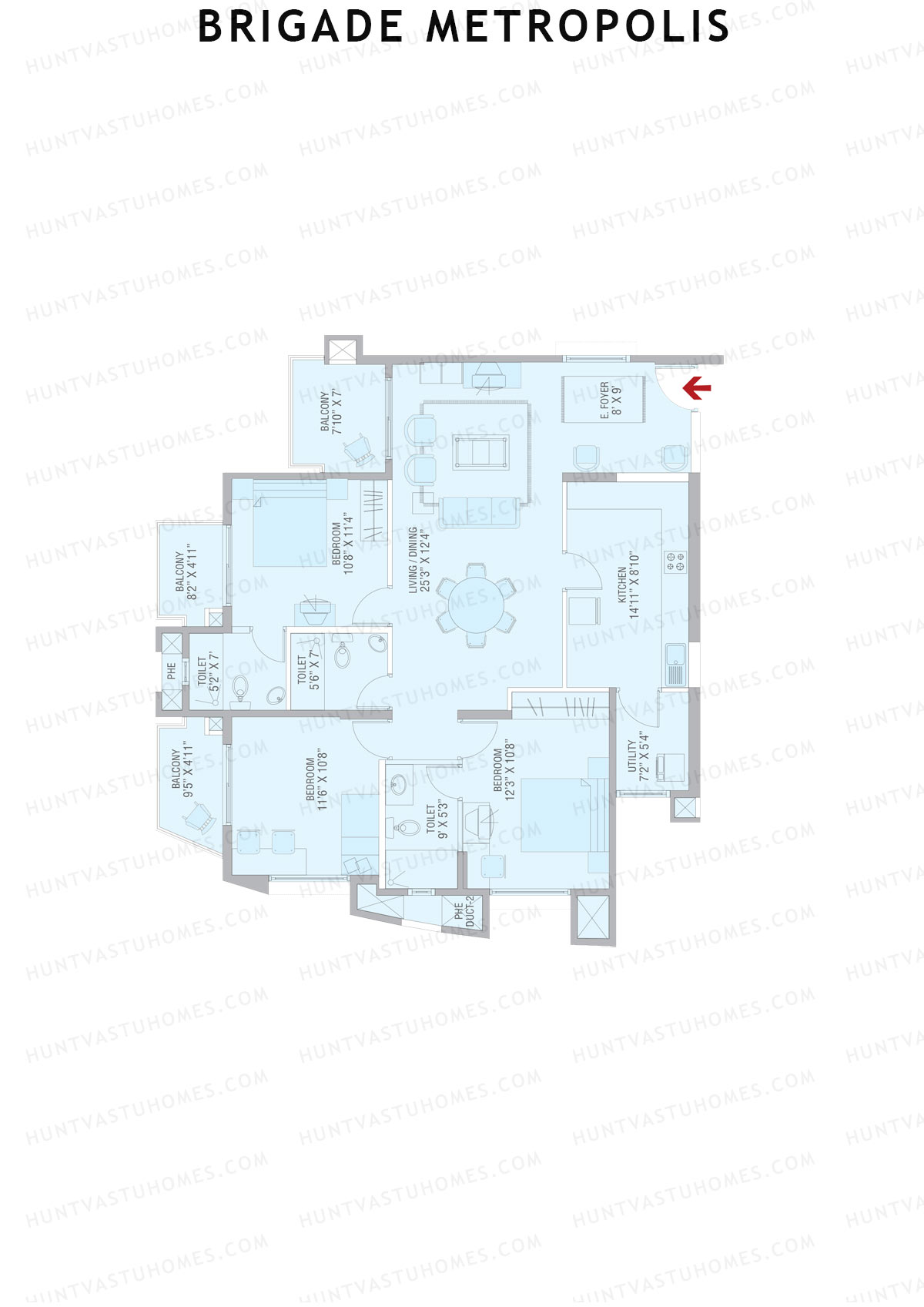 Brigade Metropolis, Tower I, Unit 7, 3BHK, Super Area 1630   sq ft 