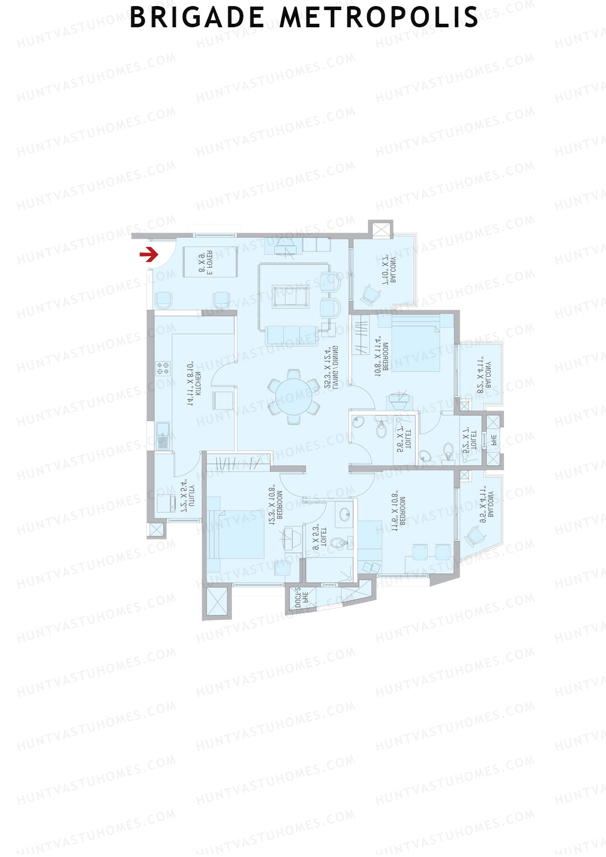 Brigade Metropolis, Tower J, Unit 2, 3BHK, Super Area 1630   sq ft 