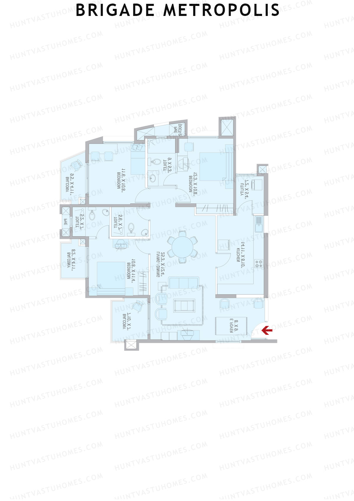 Brigade Metropolis, Tower J, Unit 6, 3BHK, Super Area 1630   sq ft 