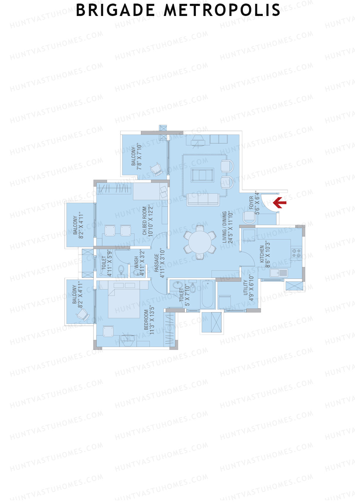 Brigade Metropolis, Tower K, Unit 4, 2BHK, Super Area 1290   sq ft 