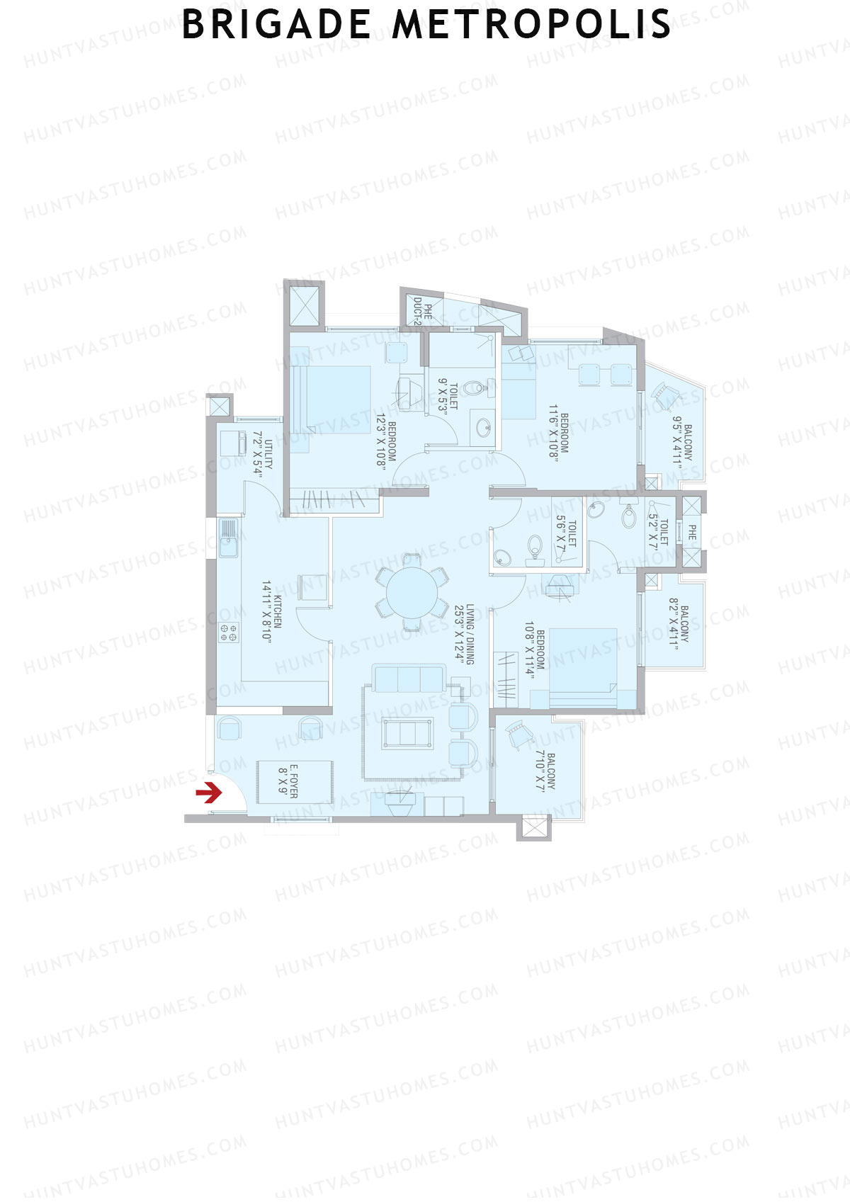 Brigade Metropolis, Tower K, Unit 7, 3BHK, Super Area 1630   sq ft 