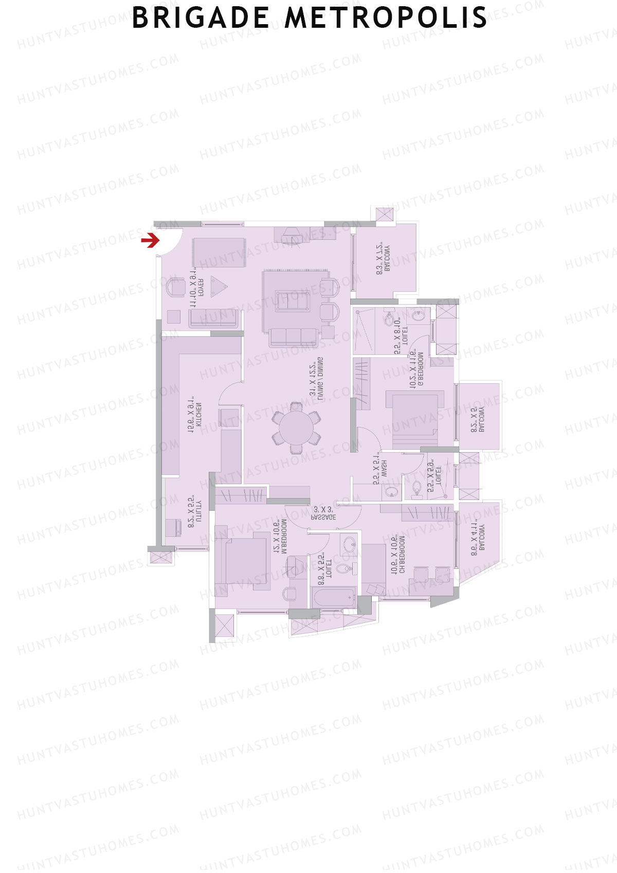 Brigade Metropolis, Tower L, Unit 1, 3BHK, Super Area 1840   sq ft 