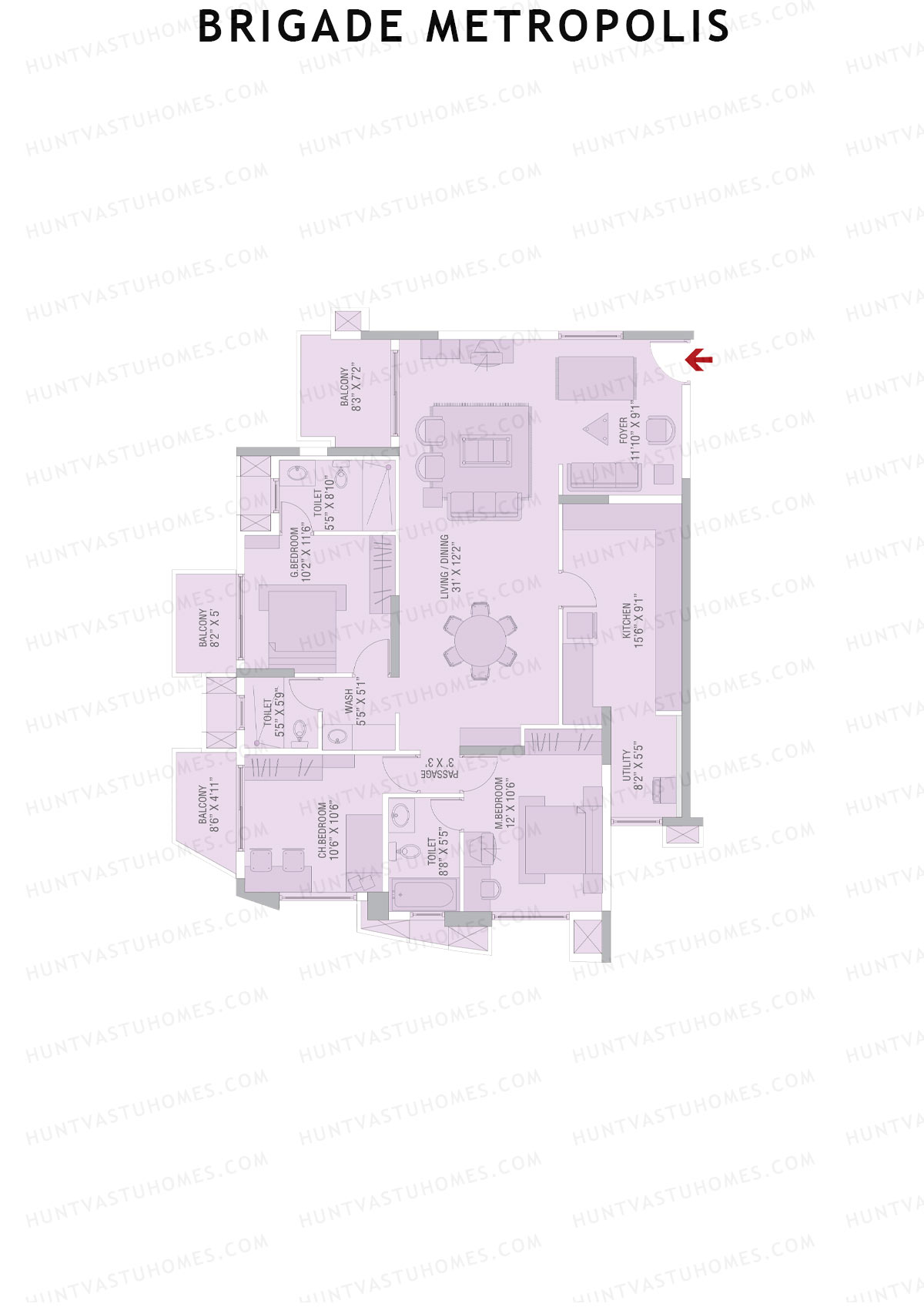 Brigade Metropolis, Tower L, Unit 2, 3BHK, Super Area 1840   sq ft 