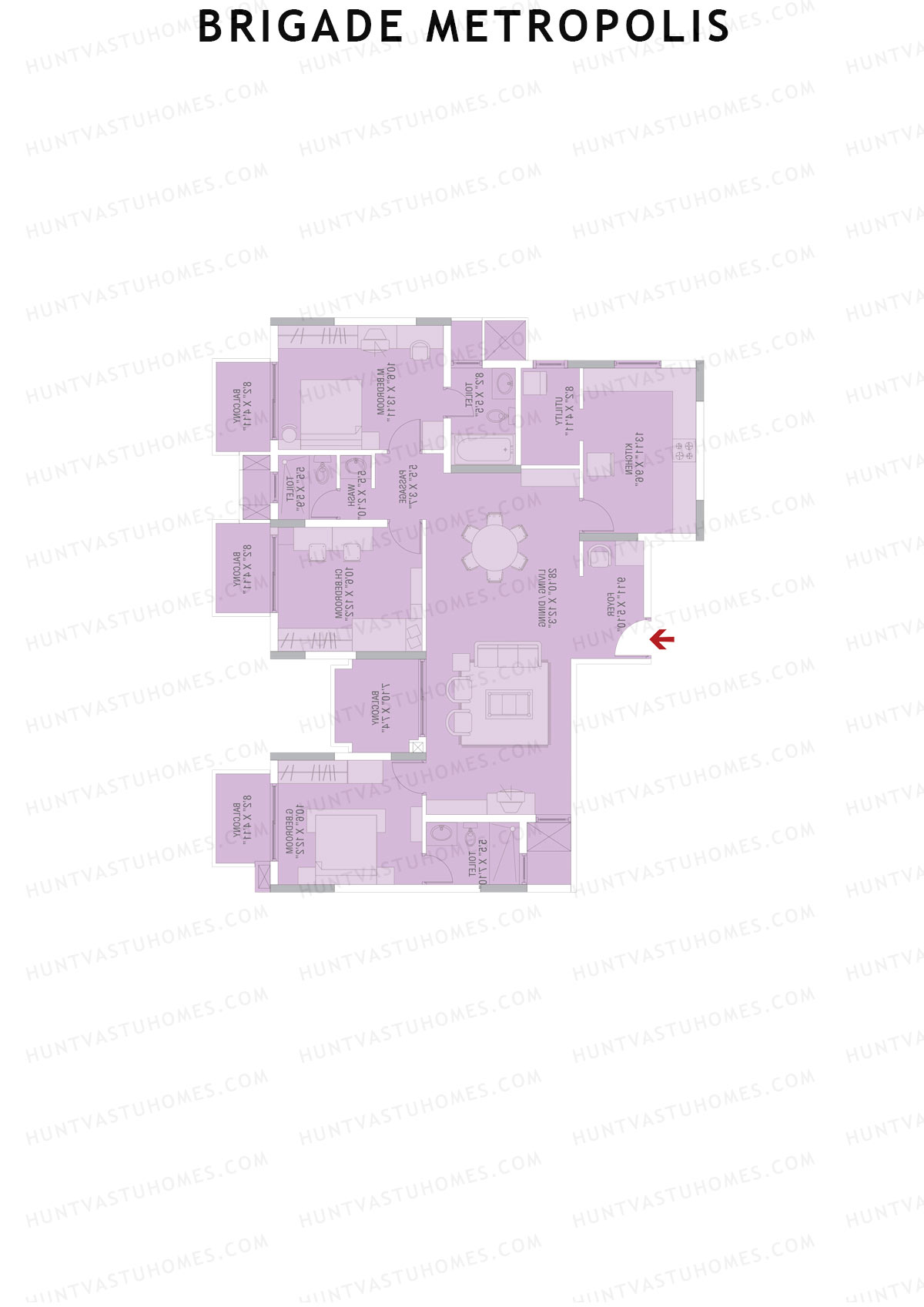 Brigade Metropolis, Tower L, Unit 3, 3BHK, Super Area 1800   sq ft 