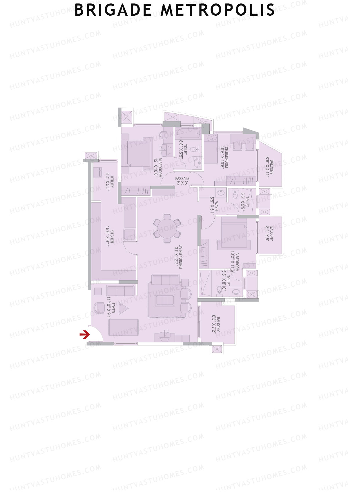 Brigade Metropolis, Tower L, Unit 5, 3BHK, Super Area 1840   sq ft 