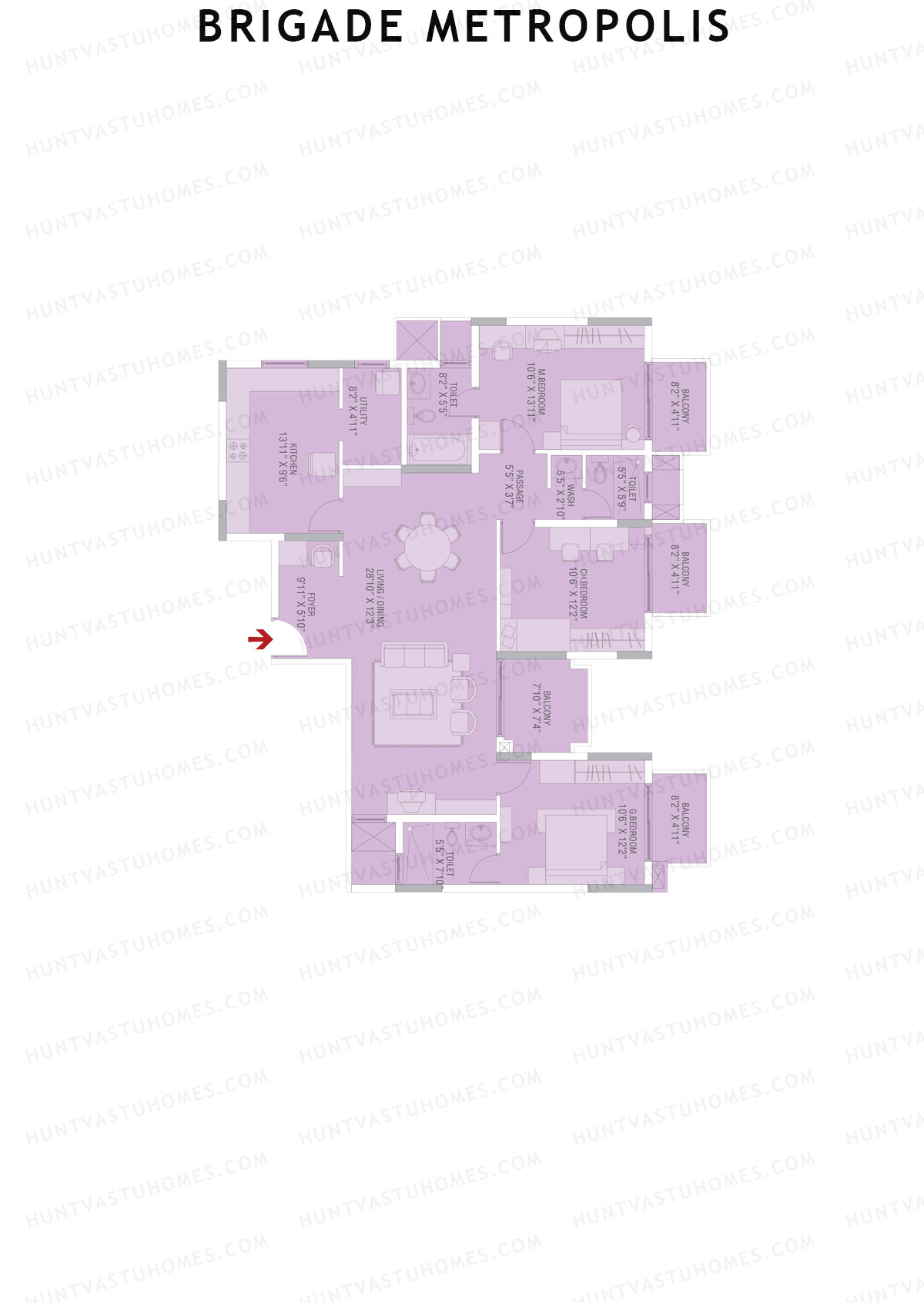 Brigade Metropolis, Tower L, Unit 6, 3BHK, Super Area 1800   sq ft 