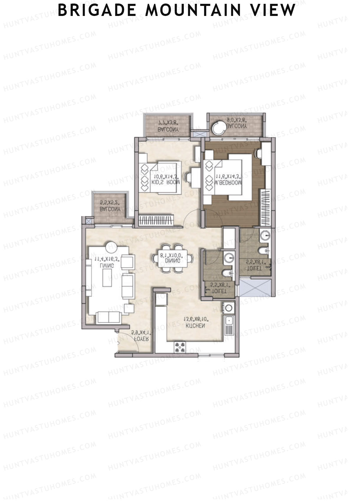 Brigade Mountain View, Block A, Unit 2 (Type 4), 2BHK, Carpet Area 881   sq ft 