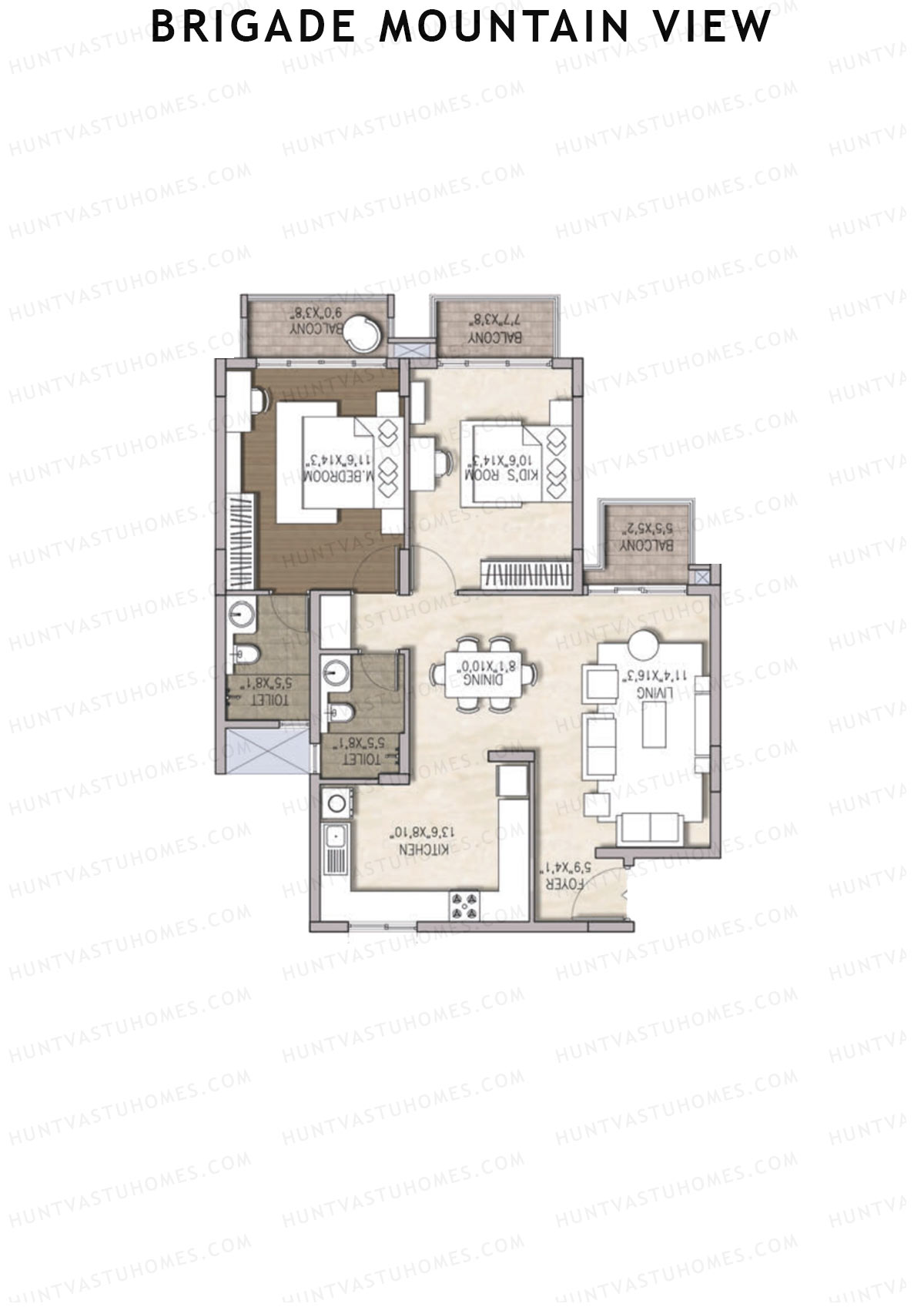 Brigade Mountain View, Block A, Unit 3 (Type 4), 2BHK, Carpet Area 872   sq ft 