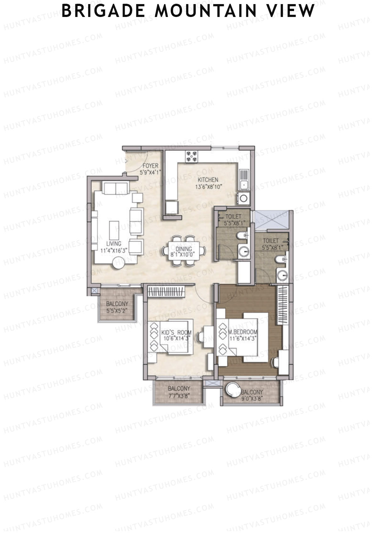 Brigade Mountain View, Block A, Unit 7 (Type 4), 2BHK, Carpet Area 872   sq ft 