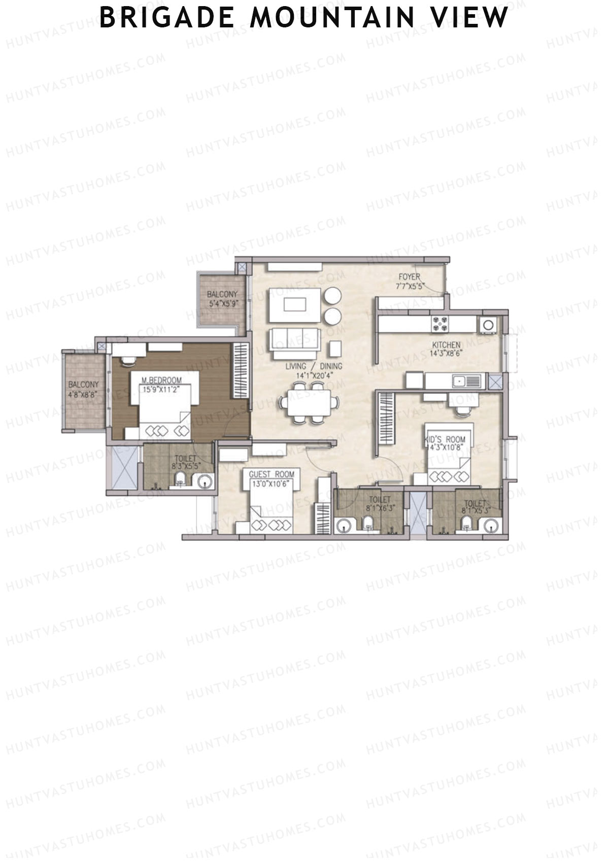 Brigade Mountain View, Block C, Unit 16 (Type 2), 3BHK, Carpet Area 1101   sq ft 