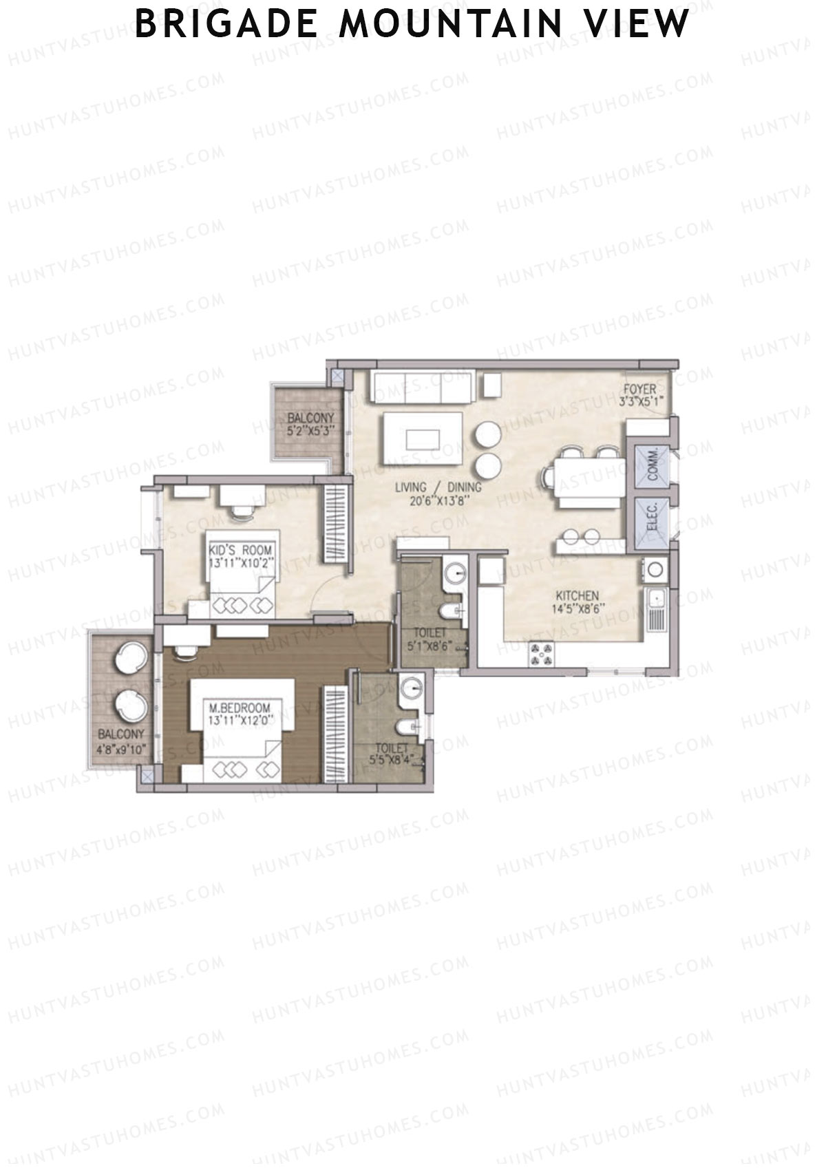 Brigade Mountain View, Block C, Unit 17 (Type 2), 2BHK, Carpet Area 881   sq ft 