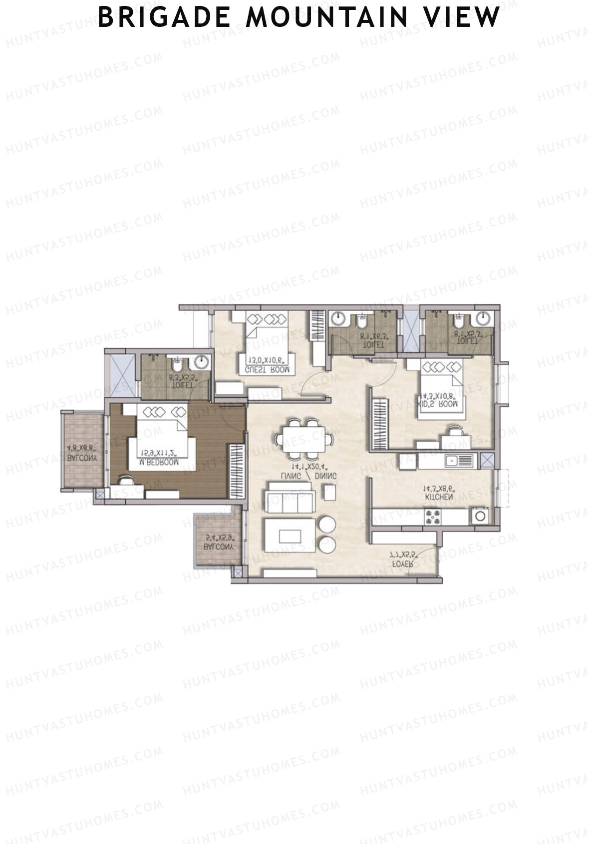 Brigade Mountain View, Block C, Unit 18 (Type 2), 3BHK, Carpet Area 1101   sq ft 