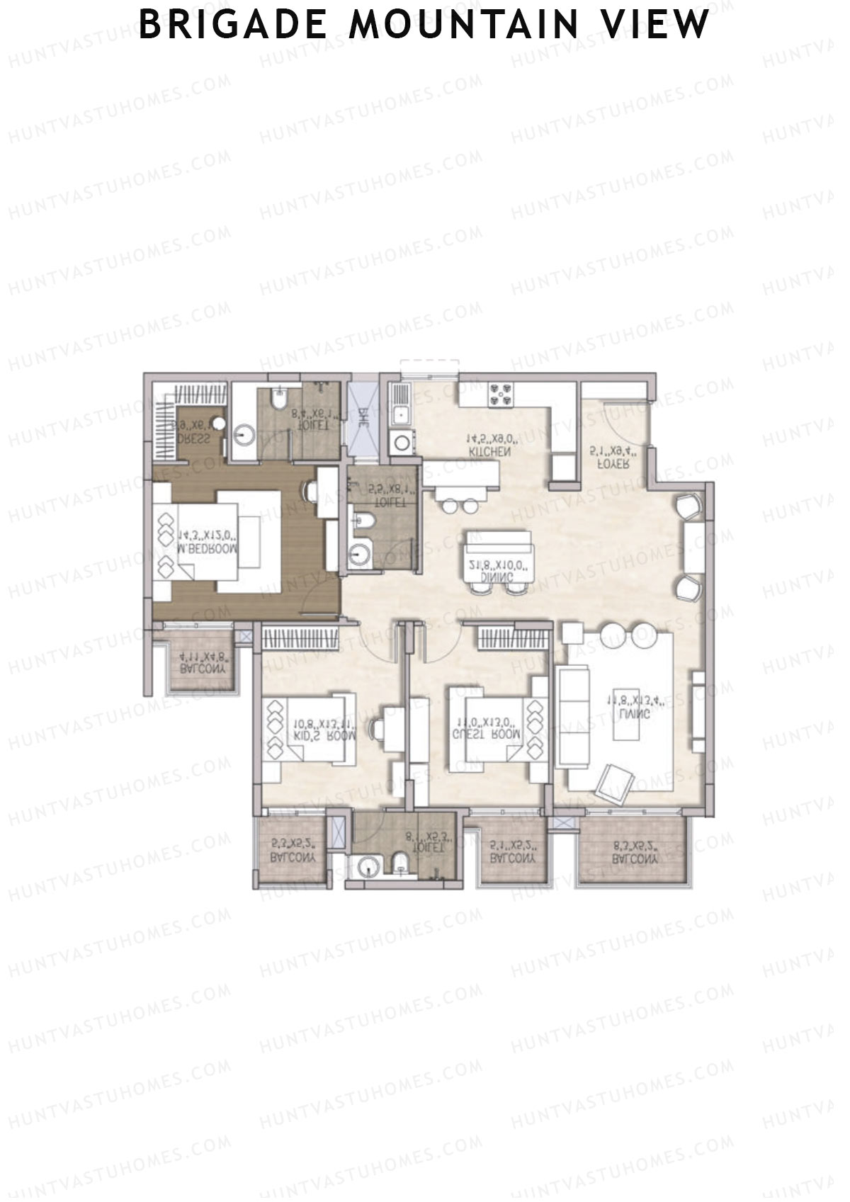 Brigade Mountain View, Block D, Unit 20, 3BHK, Carpet Area 1246   sq ft 