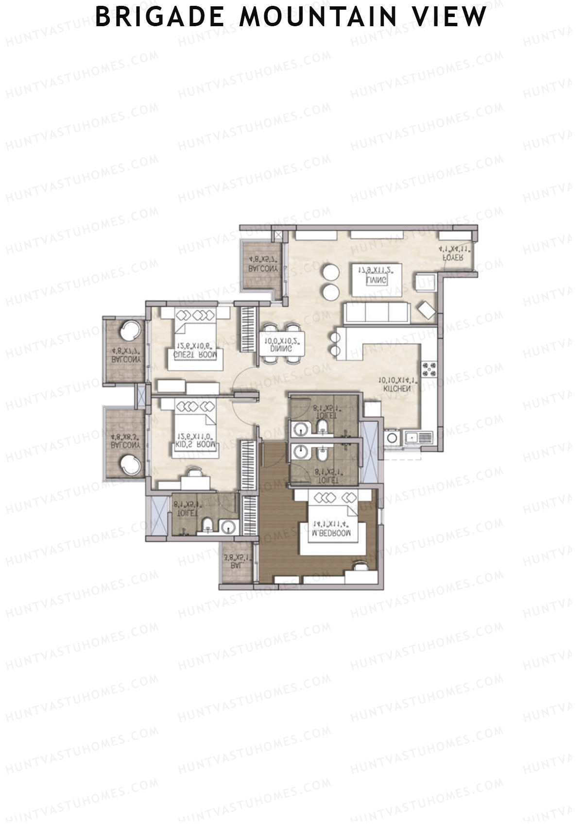 Brigade Mountain View, Block D, Unit 21 (Type 1), 3BHK, Carpet Area 1075   sq ft 
