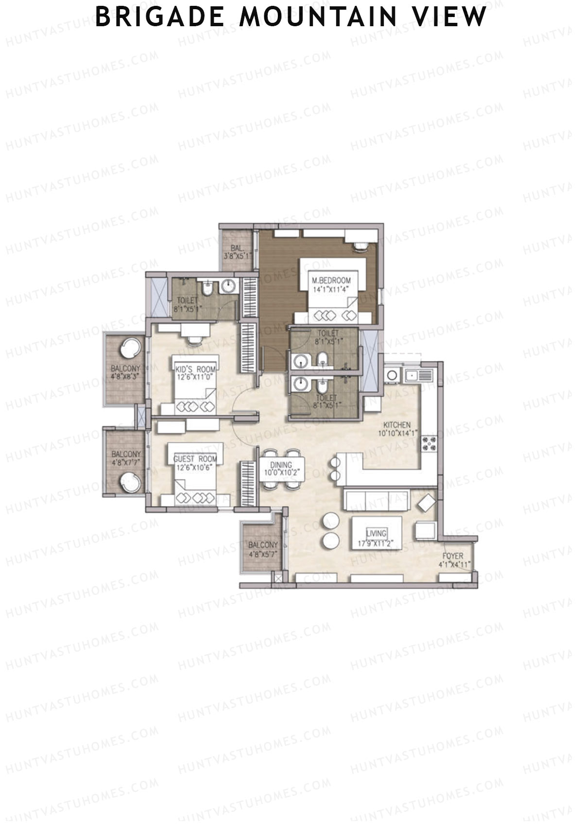 Brigade Mountain View, Block D, Unit 22 (Type 1), 3BHK, Carpet Area 1075   sq ft 