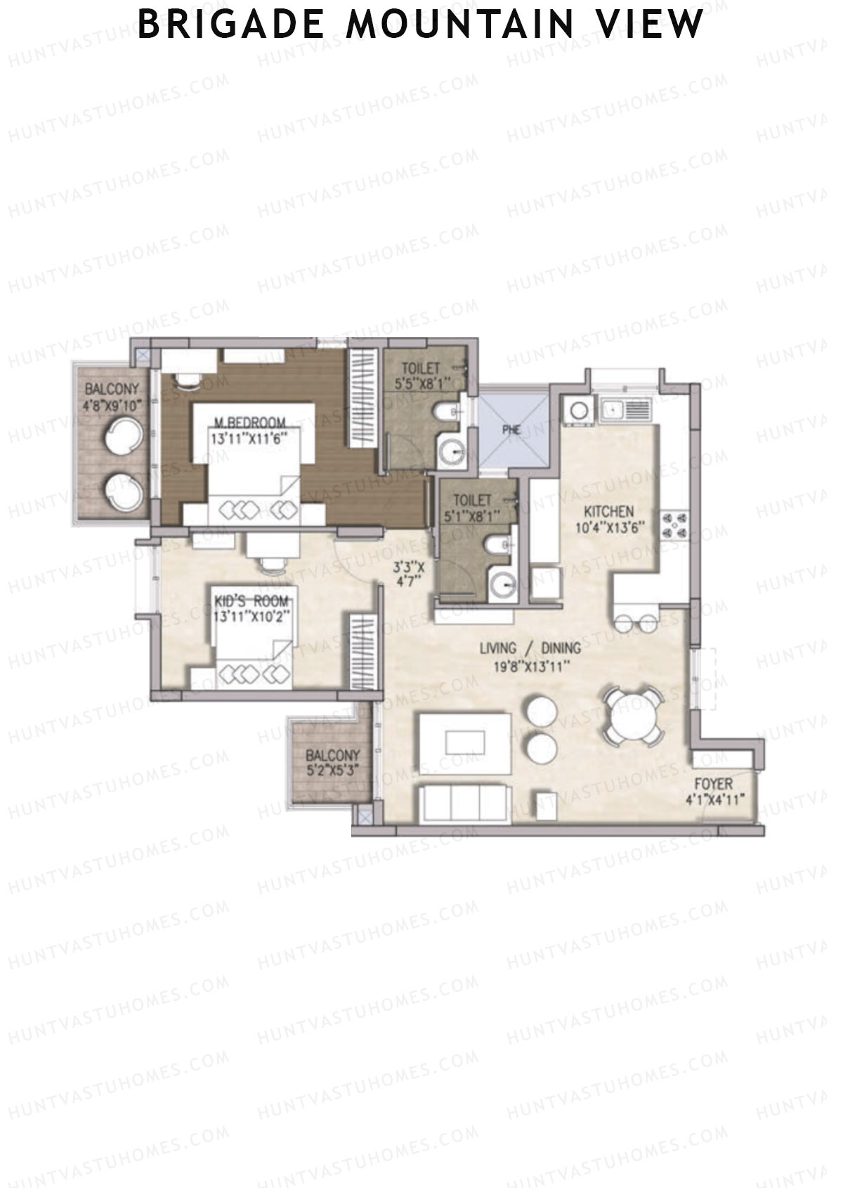 Brigade Mountain View, Block D, Unit 23 (Type 1), 2BHK, Carpet Area 873   sq ft 