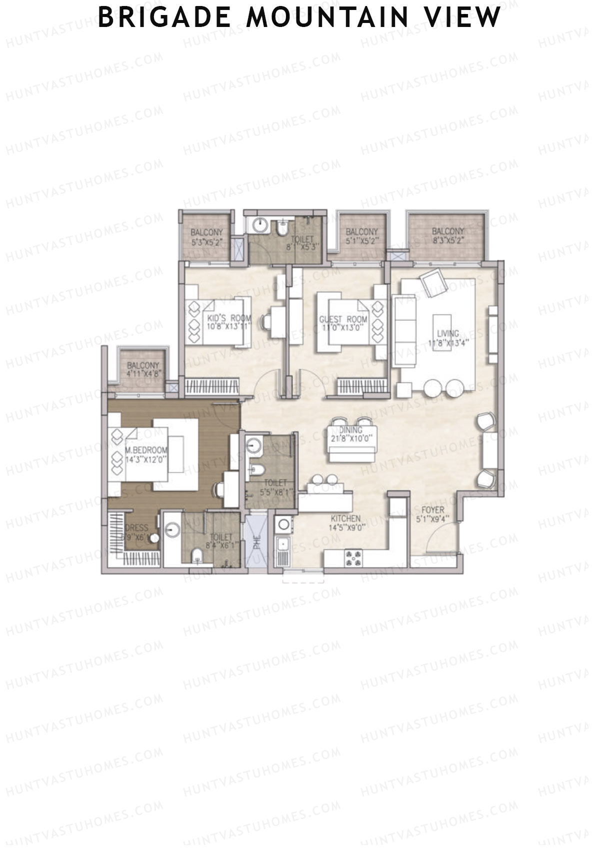 Brigade Mountain View, Block D, Unit 24, 3BHK, Carpet Area 1246   sq ft 