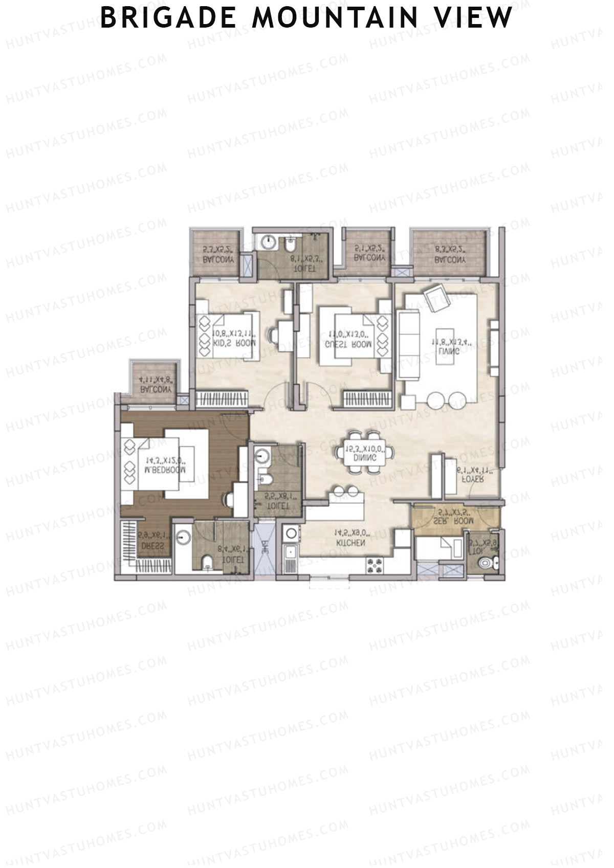 Brigade Mountain View, Block E, Unit 26 (Type 1), 3BHK, Carpet Area 1273   sq ft 
