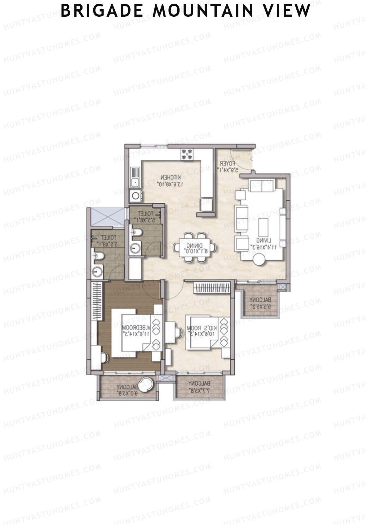 Brigade Mountain View, Block E, Unit 31 (Type 4), 2BHK, Carpet Area 881   sq ft 