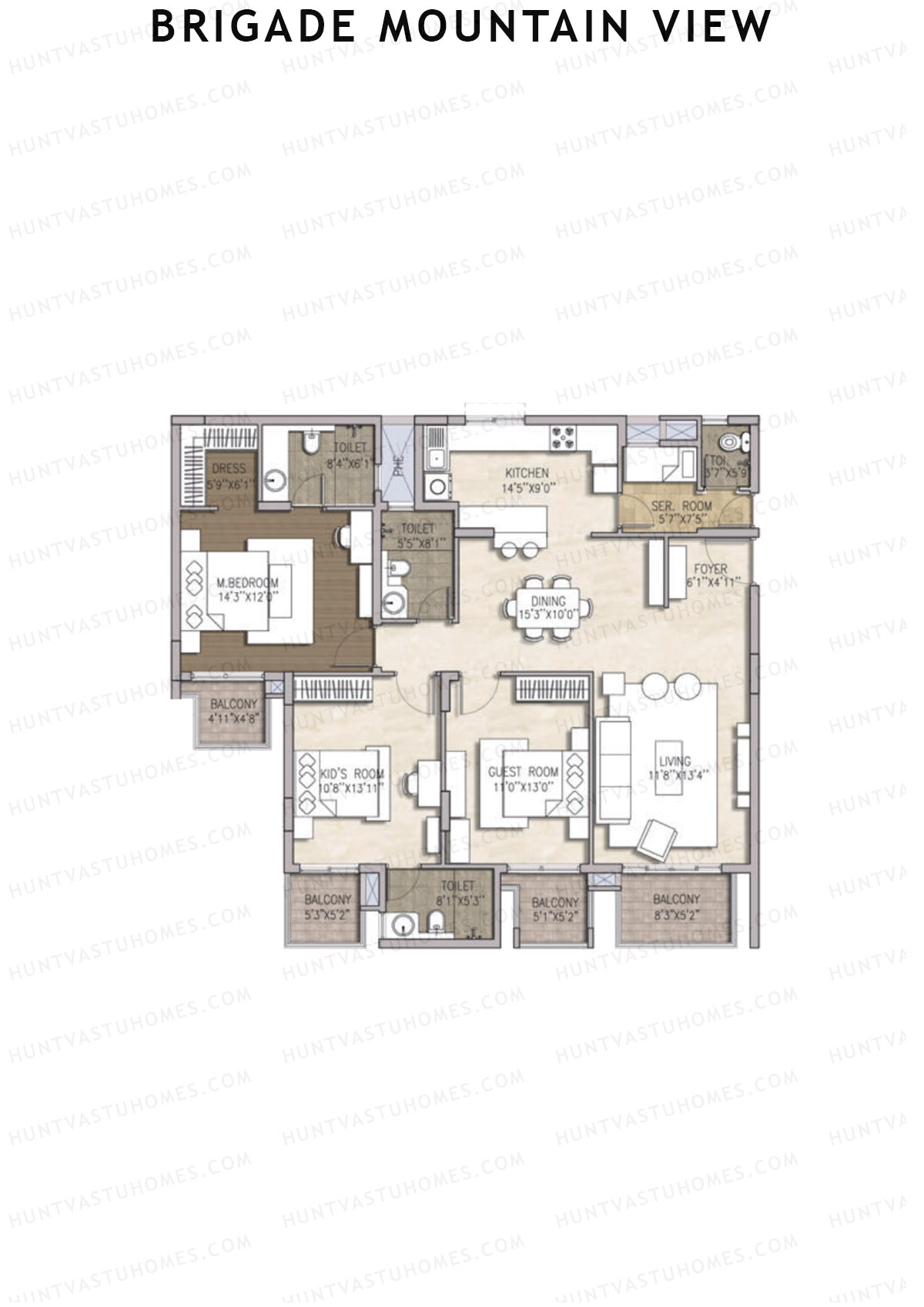 Brigade Mountain View, Block E, Unit 33 (Type 1), 3BHK, Carpet Area 1273   sq ft 