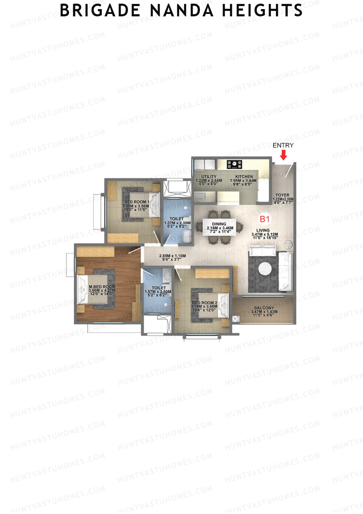 Brigade Nanda Heights Block A Unit 2 (Type B1) Floor Plan