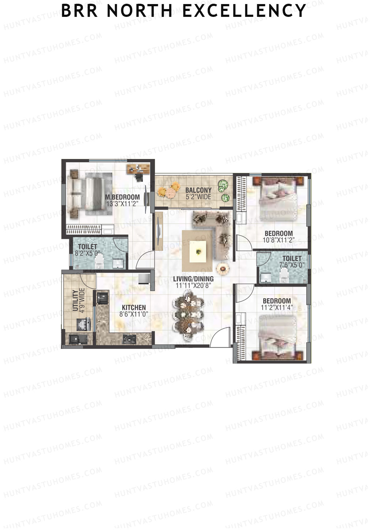 BRR North Excellency, Tower 1, Unit 10 (Type H), 3BHK, Super Area 1426   sq ft 