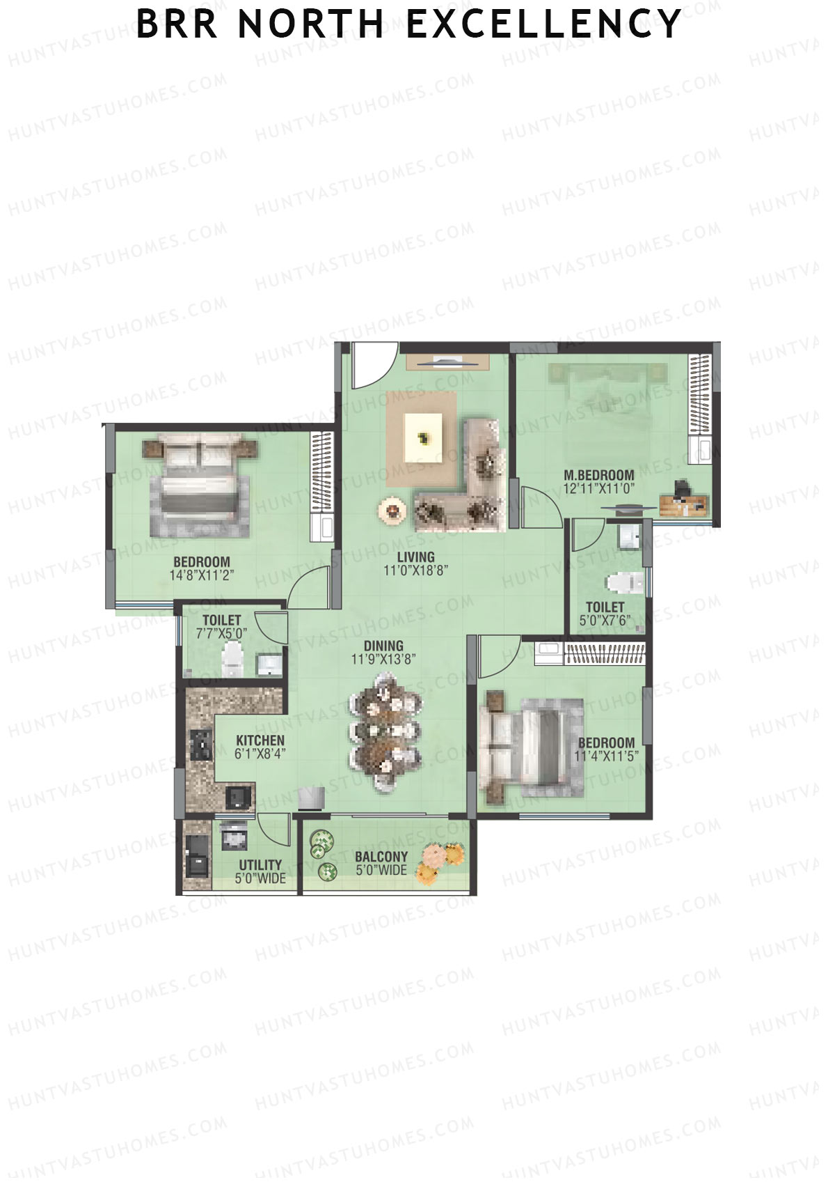 BRR North Excellency, Tower 1, Unit 15 (Type J), 3BHK, Super Area 1518   sq ft 