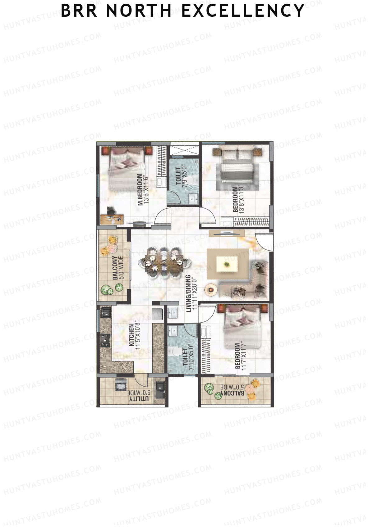 BRR North Excellency, Tower 1, Unit 16 (Type K1), 3BHK, Super Area 1651   sq ft 