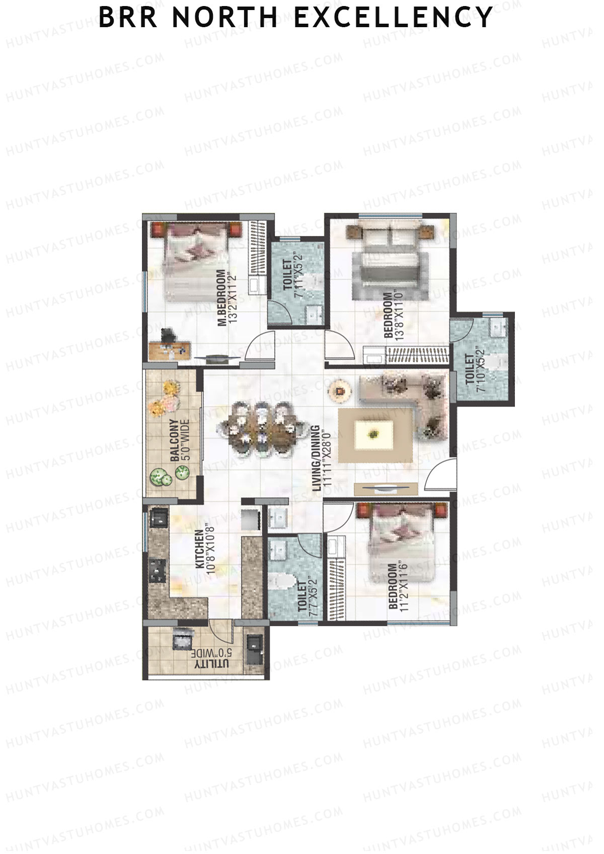 BRR North Excellency, Tower 1, Unit 17 (Type L1), 3BHK, Super Area 1610   sq ft 