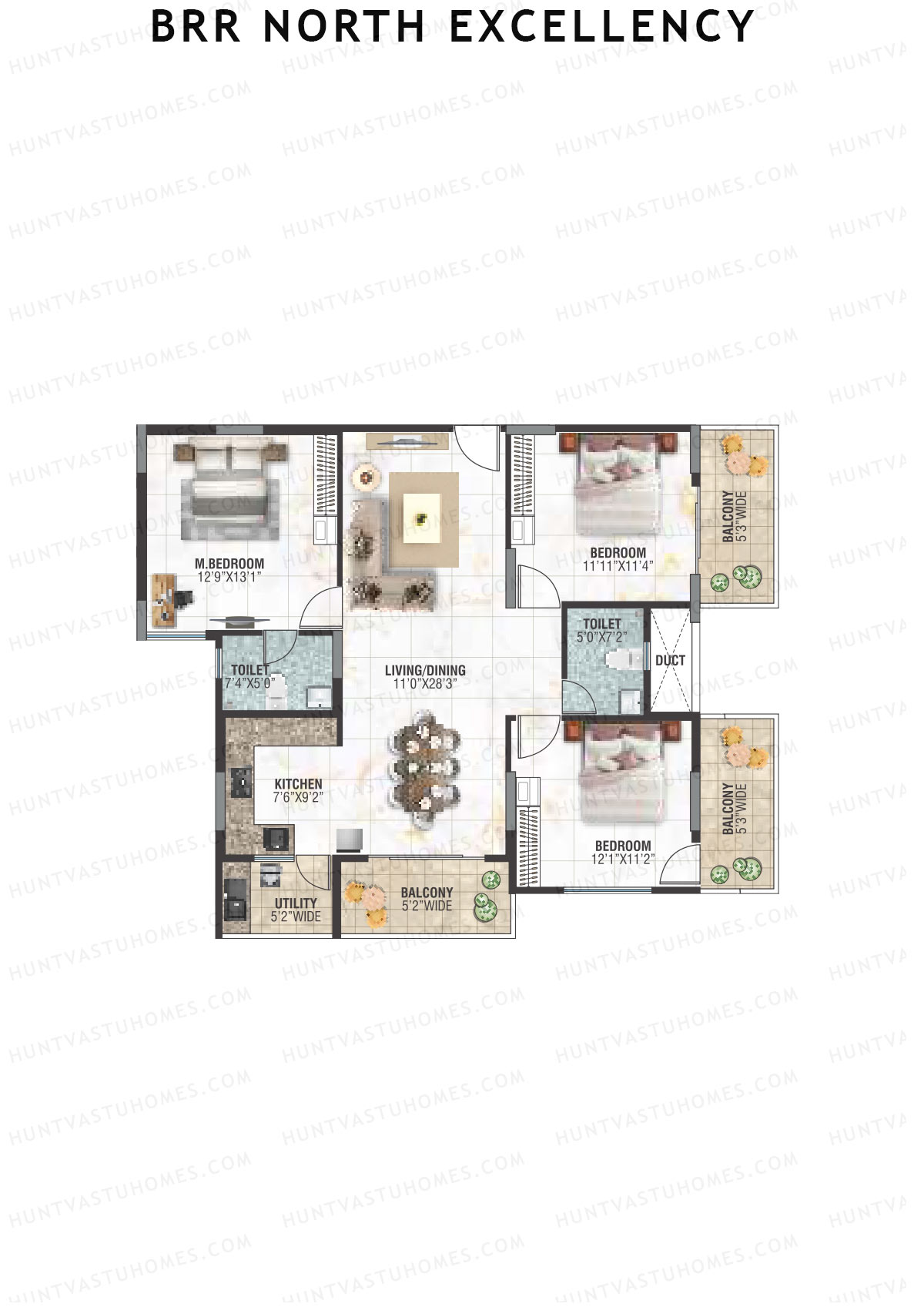 BRR North Excellency, Tower 1, Unit 1 (Type A), 3BHK, Super Area 1669   sq ft 