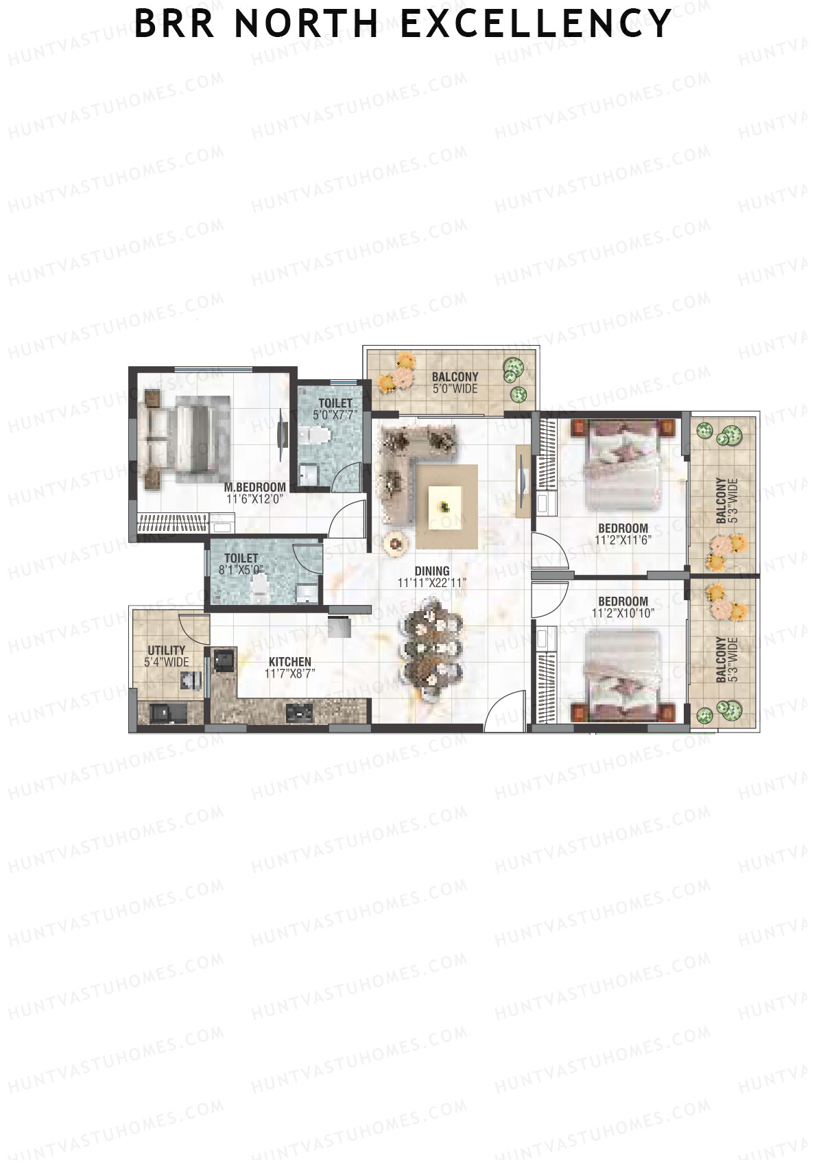 BRR North Excellency, Tower 1, Unit 2 (Type B), 3BHK, Super Area 1634   sq ft 