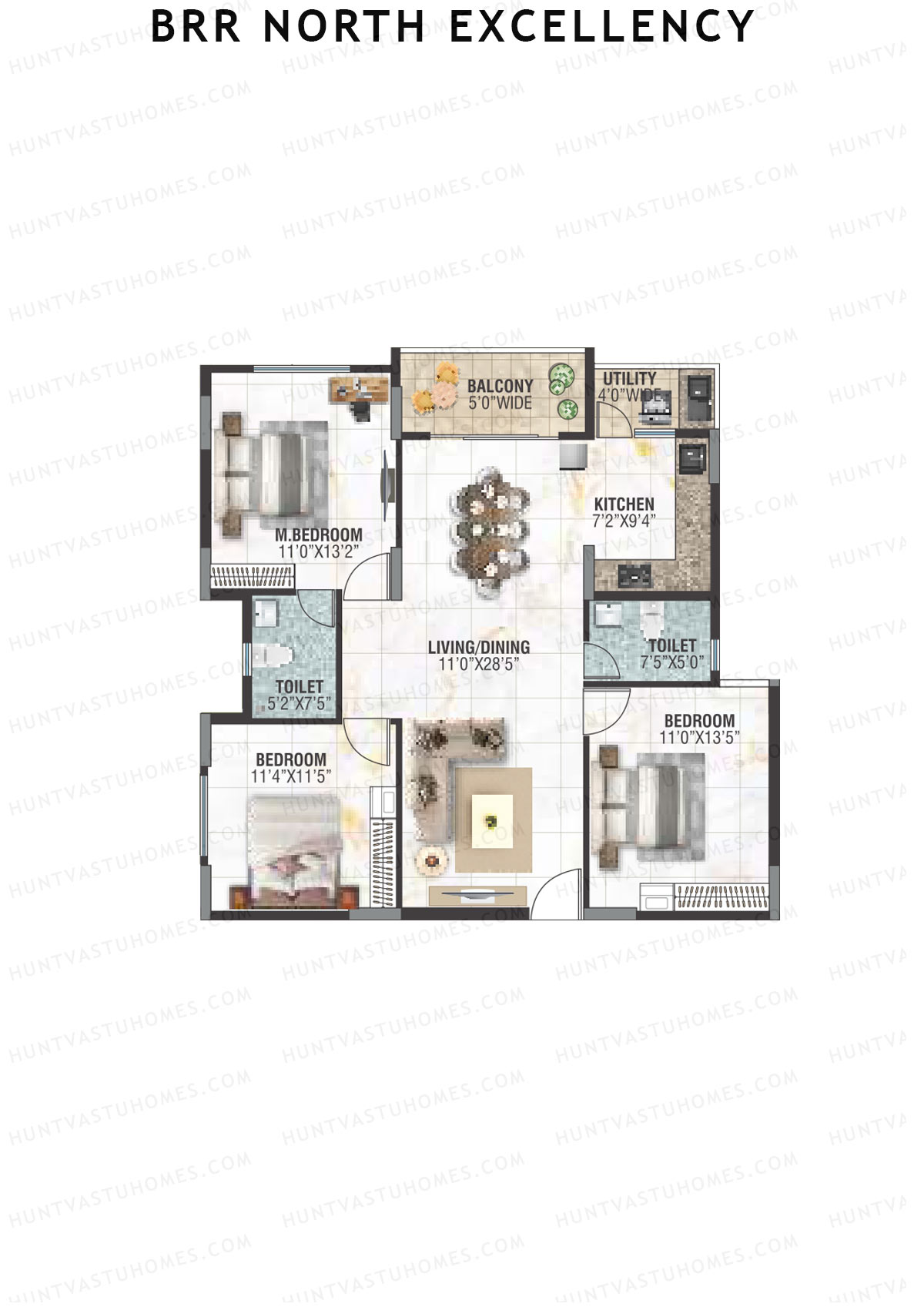 BRR North Excellency, Tower 1, Unit 7 (Type G), 3BHK, Super Area 1465   sq ft 