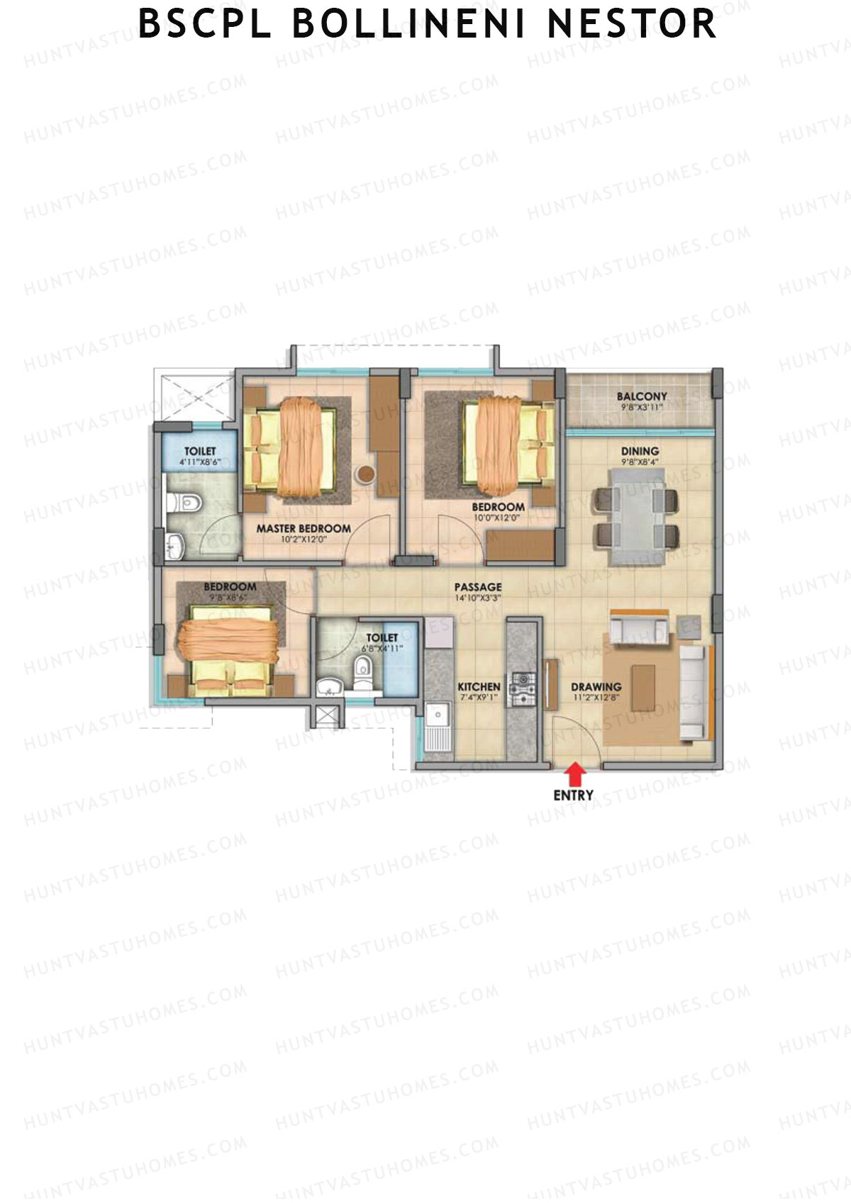 BSCPL Bollineni Nestor, Nestor, Unit 14, 3BHK, Super Area 1140   sq ft 